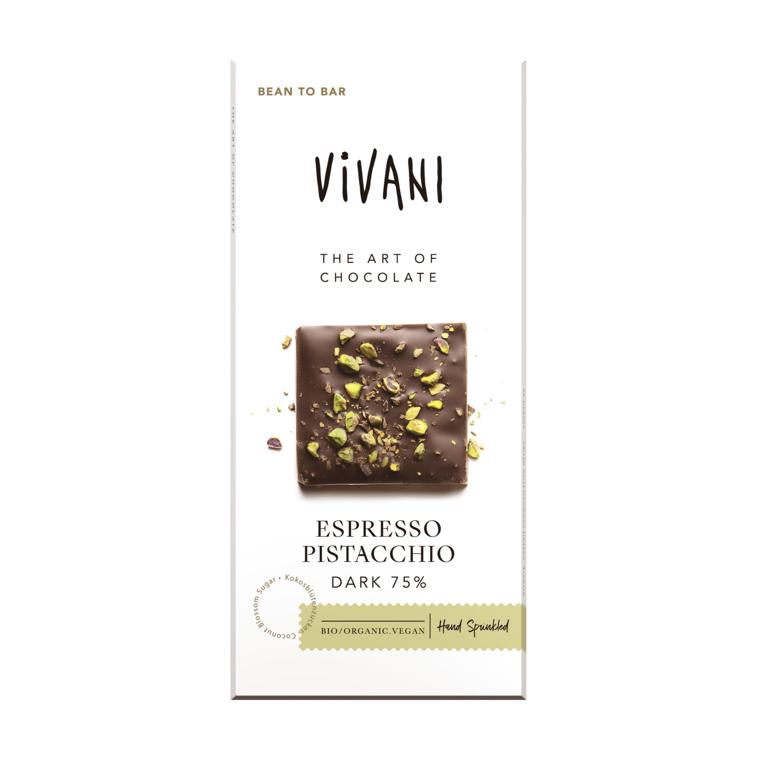Vivani Čokoláda hořká Espresso a pistácie 75% BIO (80 g) - spojení hořkosti a sladkosti špetkou soli Vivani