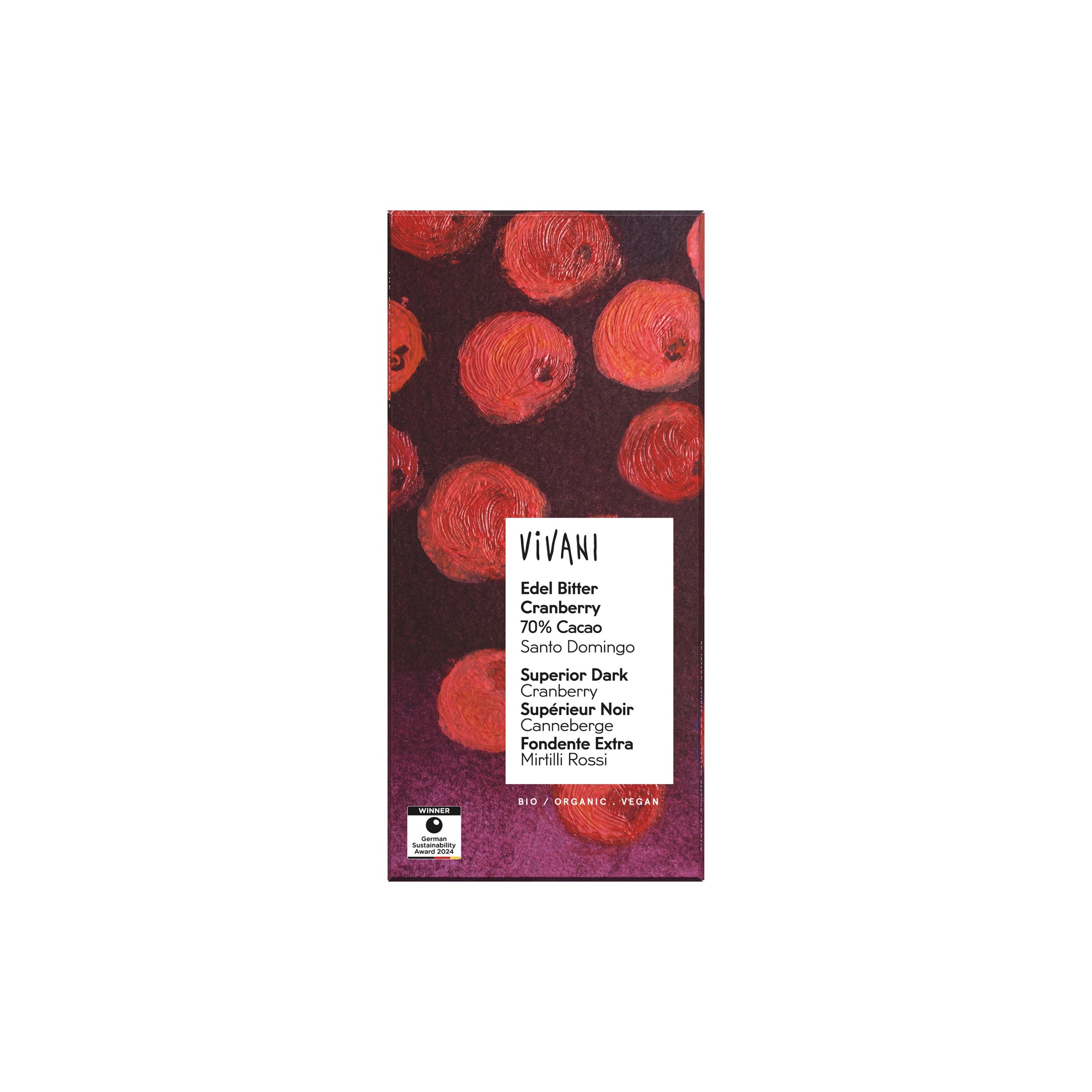 Vivani Čokoláda hořká s brusinkami BIO (80 g) - tmavá delikátnost s brusinkami Vivani