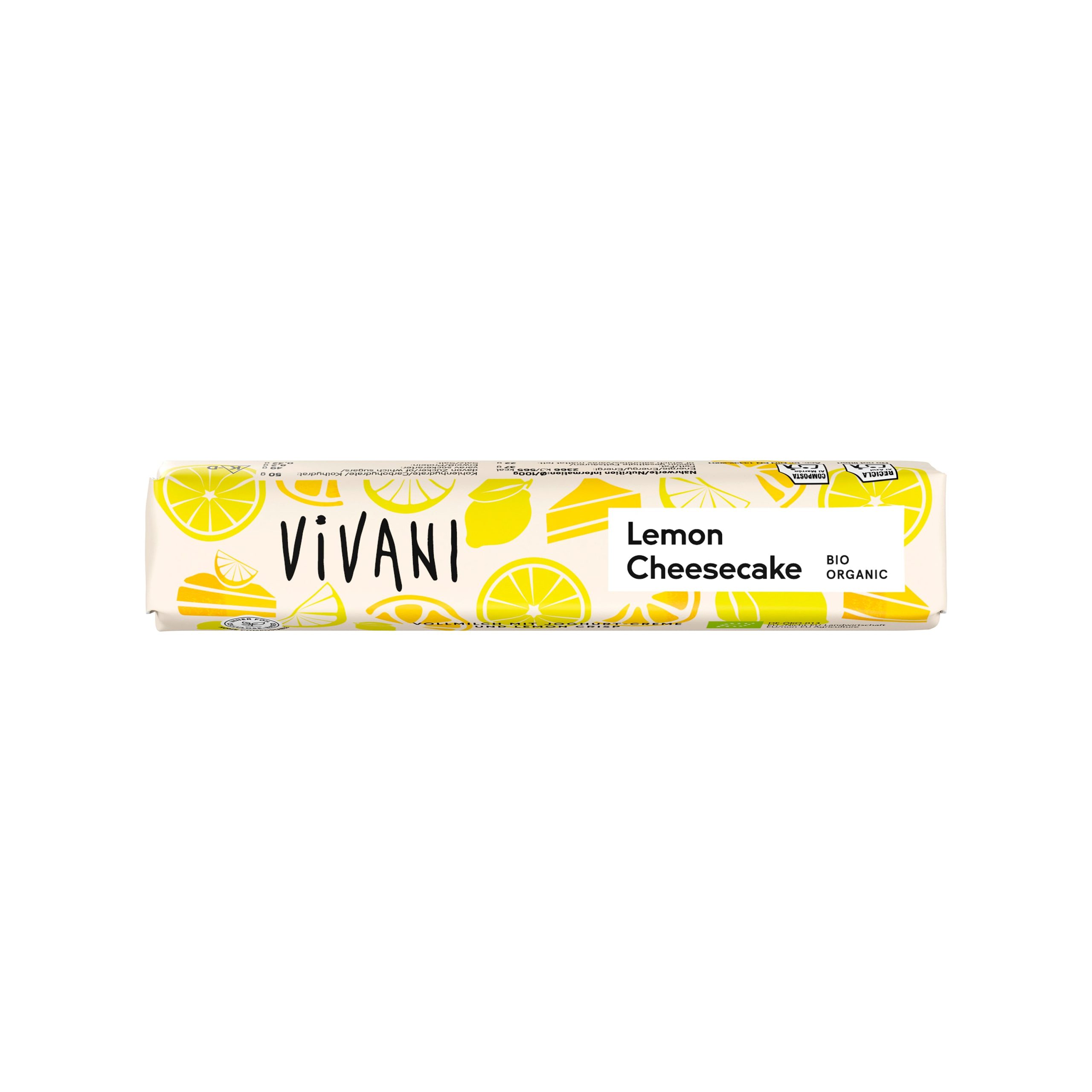 Vivani Tyčinka mléčná čokoláda Lemon Cheesecake BIO (40 g) - svěží dezertní odměna Vivani