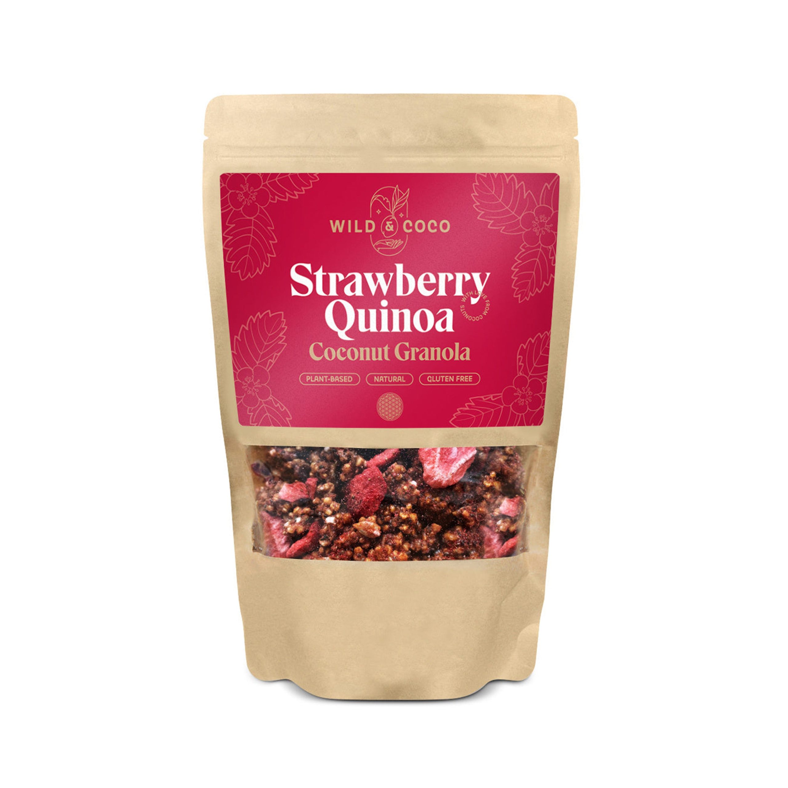 Wild & Coco Granola jahodová Quinoa a kokos (220 g) - s tahini pastou a lněnými semínky Wild & Coco