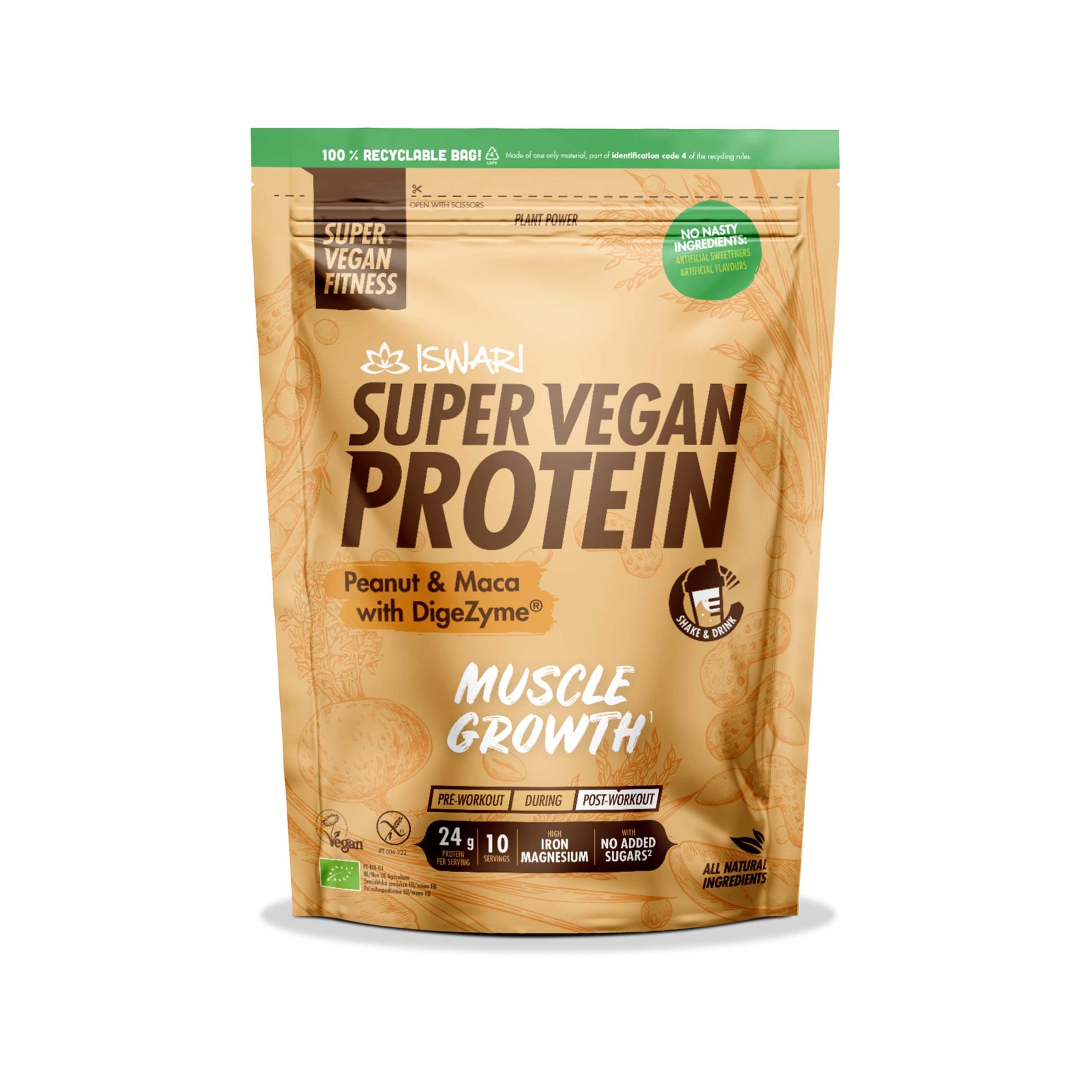 ISWARI Protein vegan Arašídy a Maca BIO (400 g) - s obsahem 5 trávicích enzymů Iswari