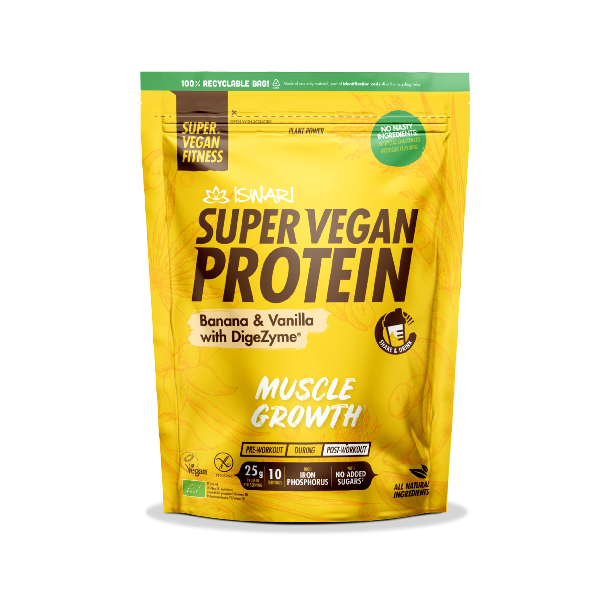 ISWARI Protein vegan s banánem a příchutí vanilky BIO (400 g) - s obsahem 5 trávicích enzymů Iswari