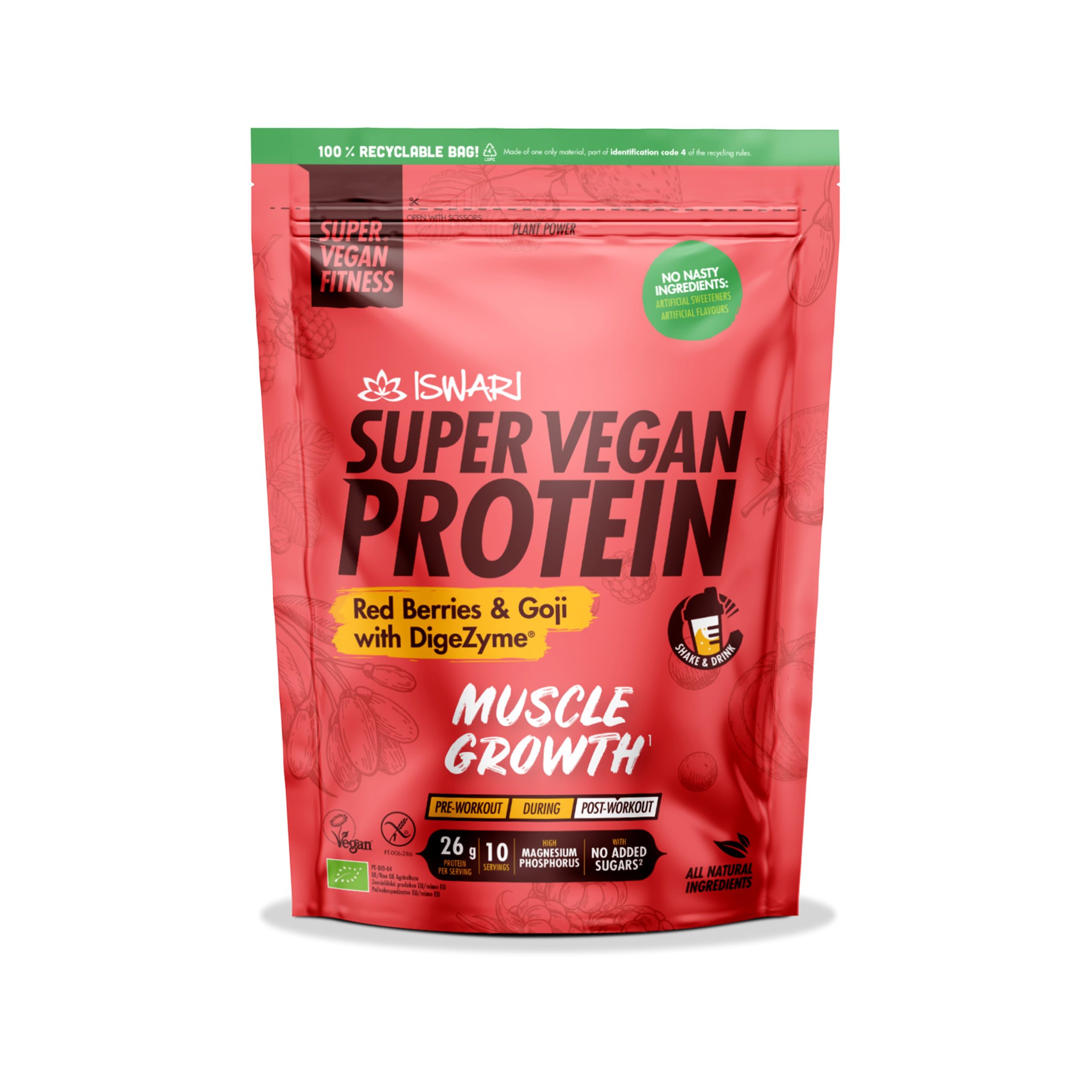 ISWARI Protein vegan s goji a červenými bobulemi BIO (400 g) - s 5 trávicími enzymy Iswari
