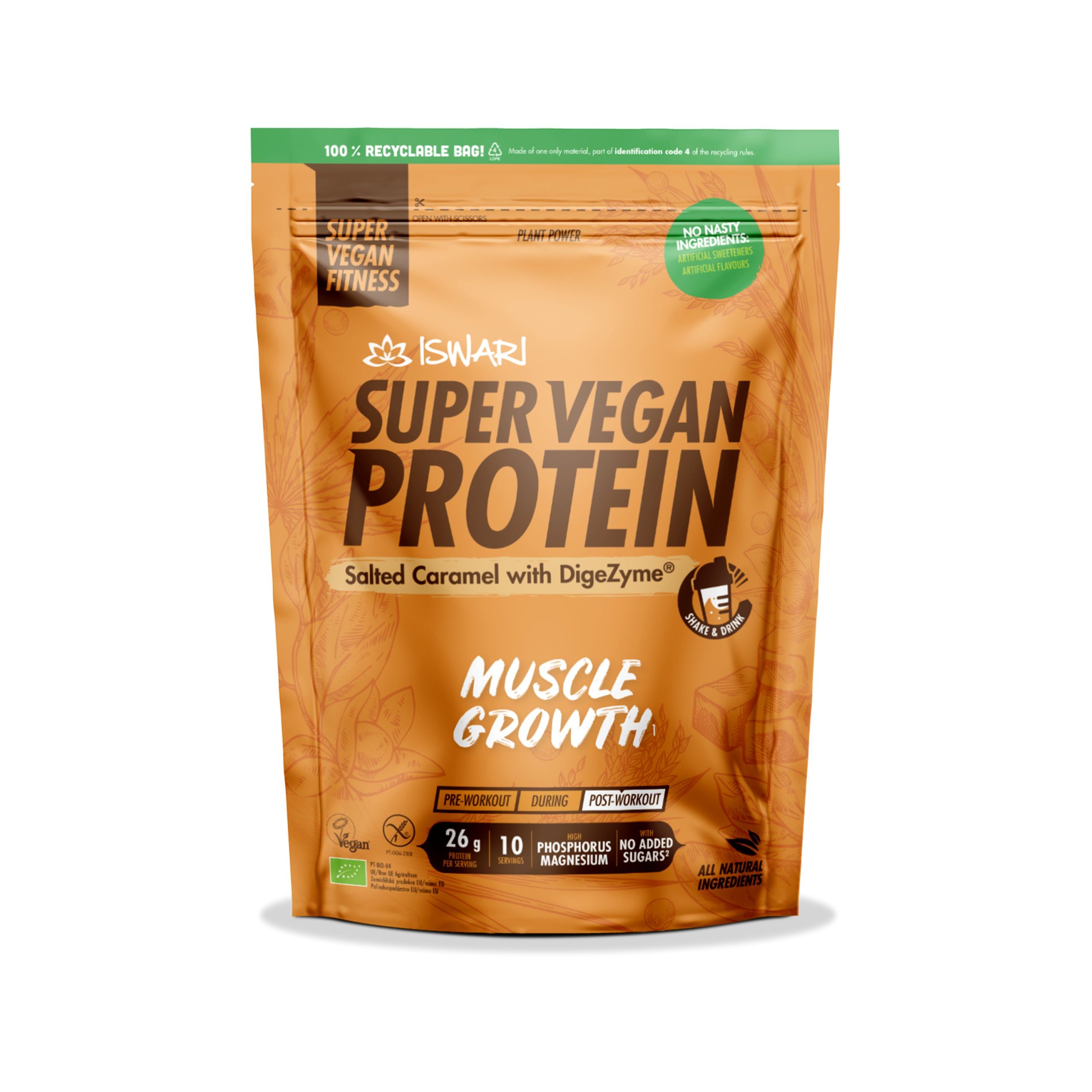 ISWARI Protein vegan s příchutí slaného karamelu BIO (400 g) - s obsahem 5 trávicích enzymů Iswari