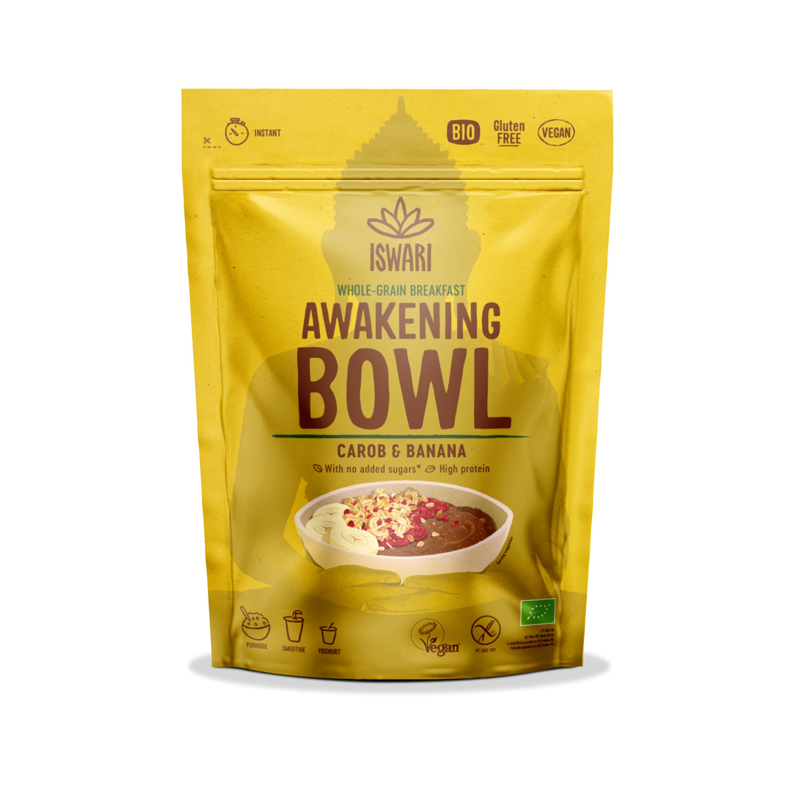 ISWARI Směs instantní Awakening Bowl - banán a karob BIO (360 g) - bez přidaného cukru Iswari
