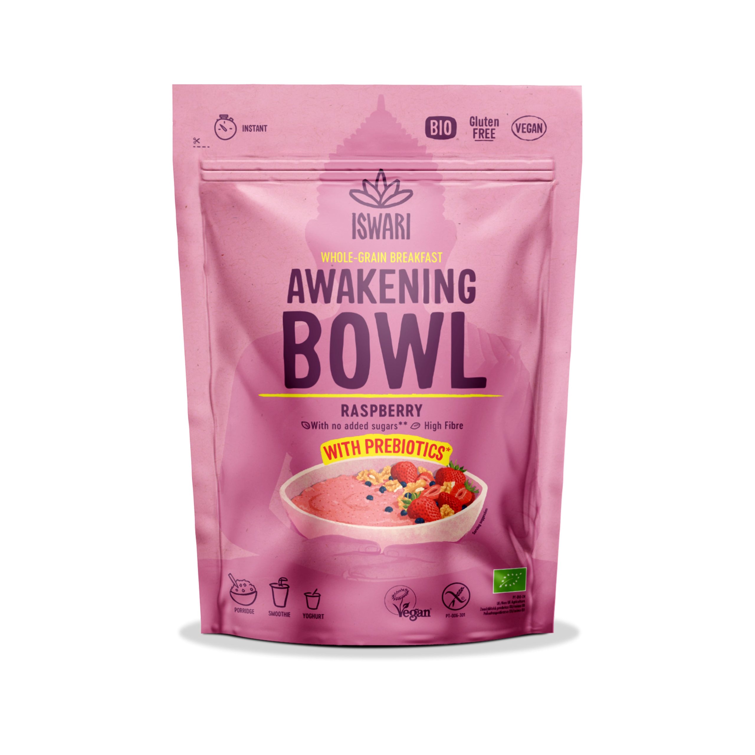 ISWARI Směs instantní Awakening Bowl - malina BIO (360 g) - s prebiotiky Iswari