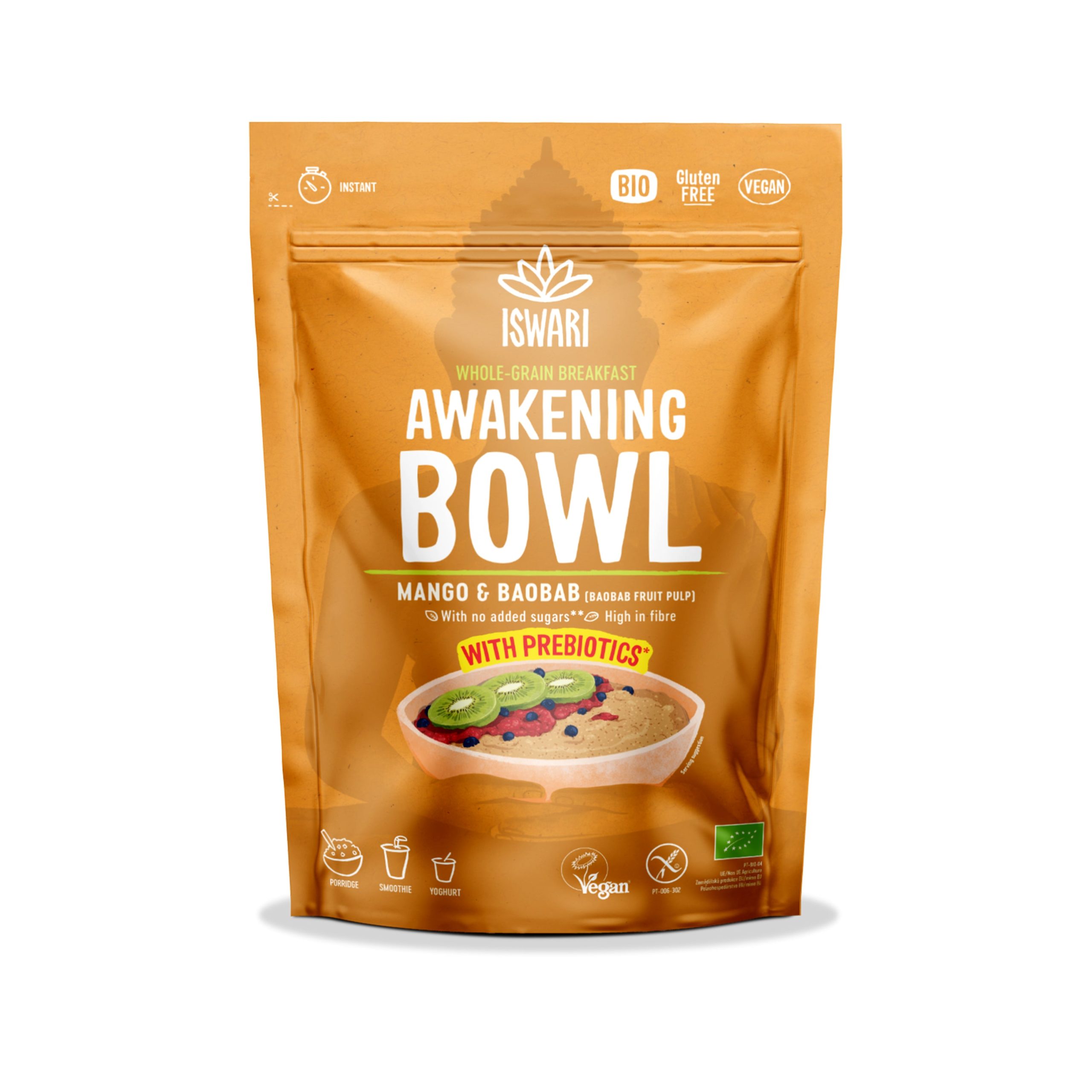 ISWARI Směs instantní Awakening Bowl - mango a baobab BIO (360 g) - s vysokým obsahem vlákniny a prebiotik Iswari