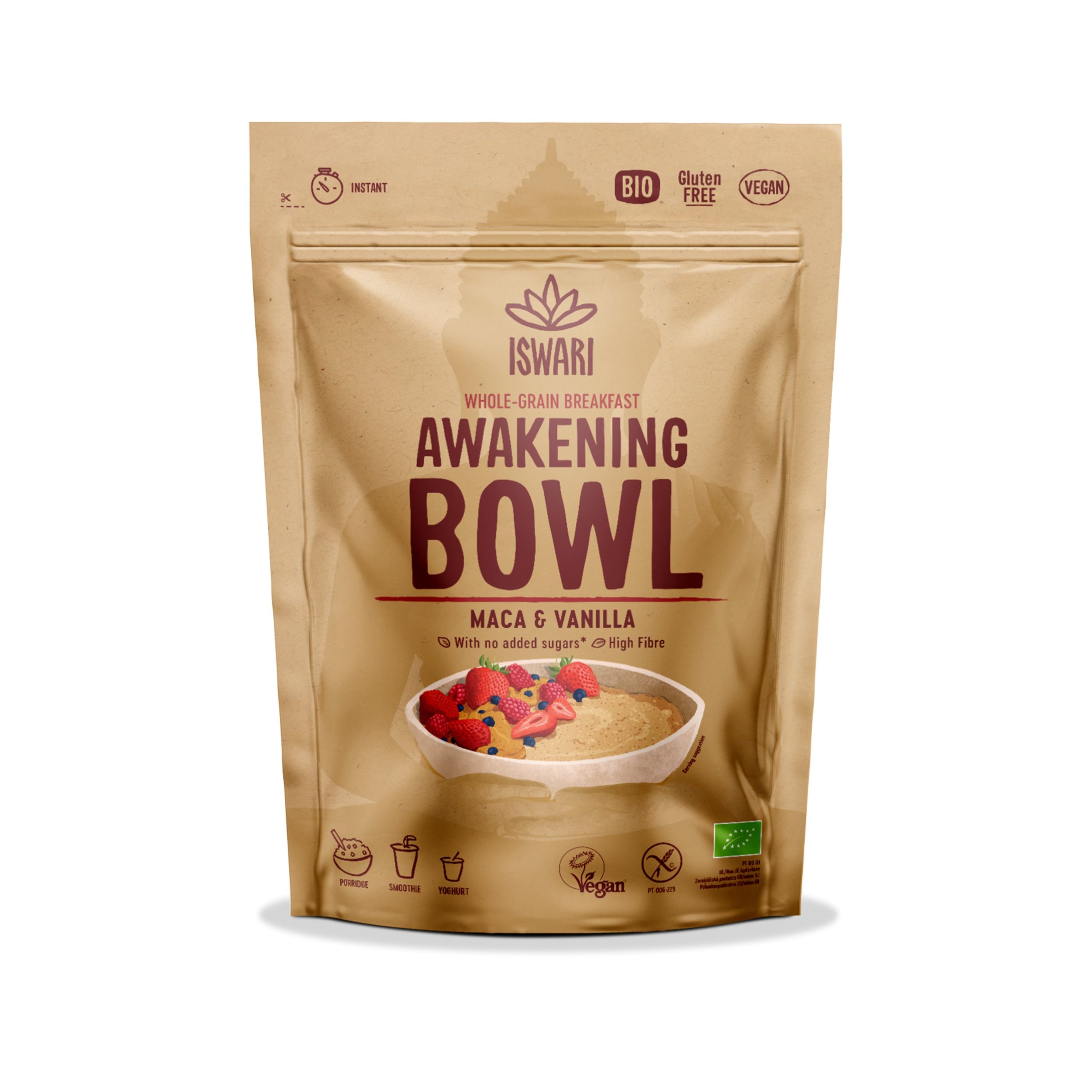 ISWARI Směs instantní Awakening Bowl s maca a příchuťí vanilky BIO (360 g) - obsahuje 7 % prášku z macy Iswari