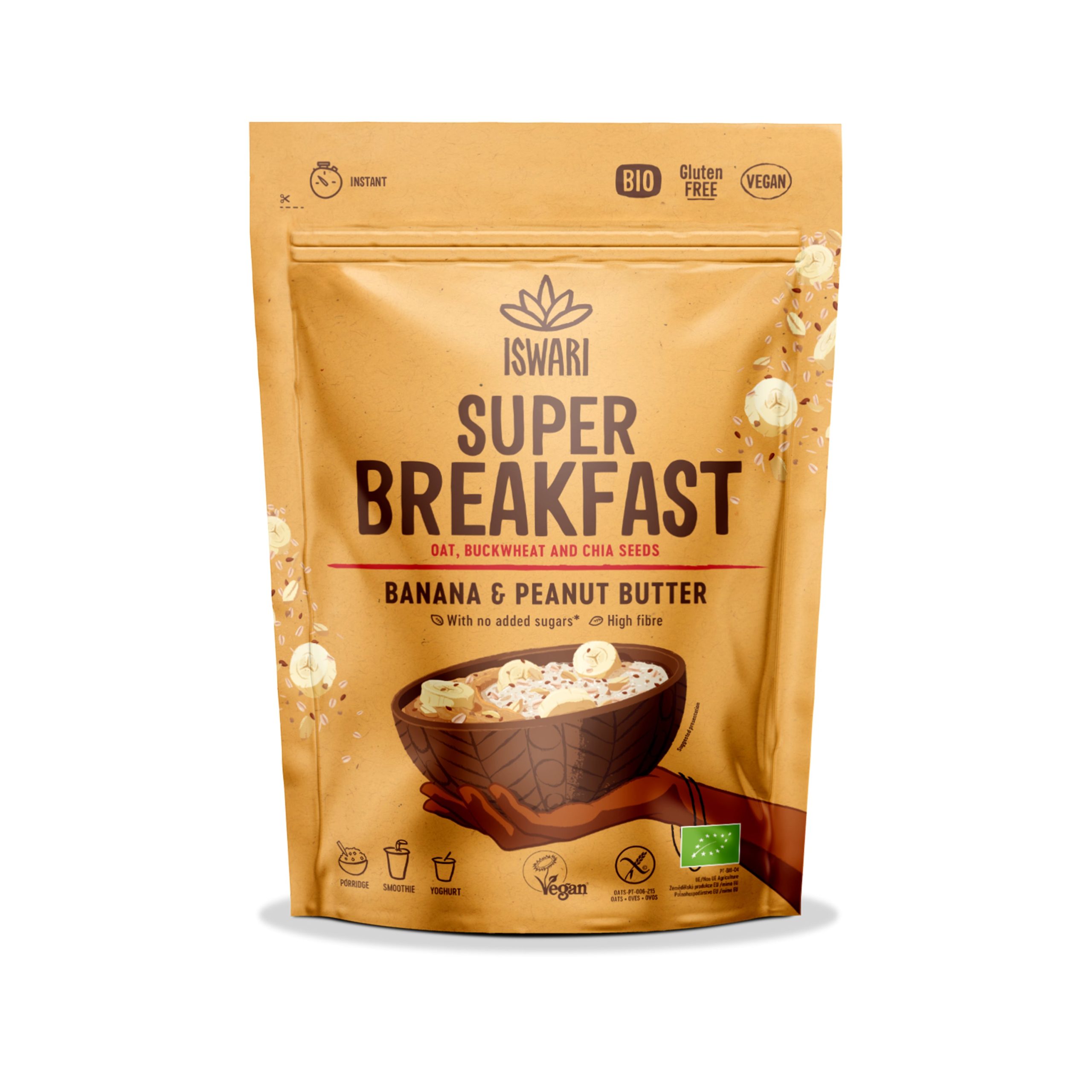 ISWARI Směs instantní Super Breakfast - banán a arašídové máslo BIO (360 g) - rychlá snídaně bez vaření Iswari