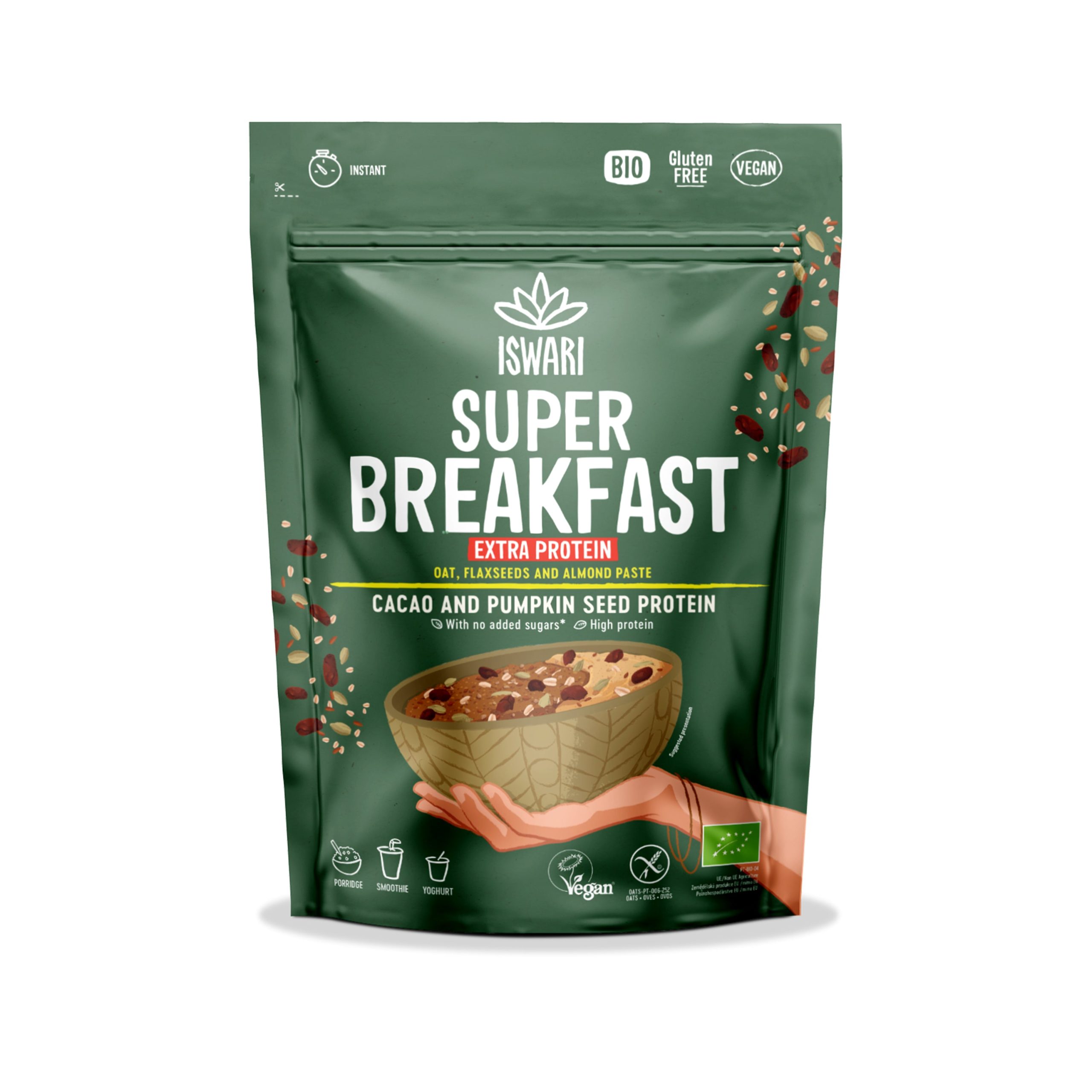 ISWARI Směs instantní Super Breakfast - kakao a dýňový protein BIO (360 g) - vysoký obsah rostlinných bílkovin Iswari