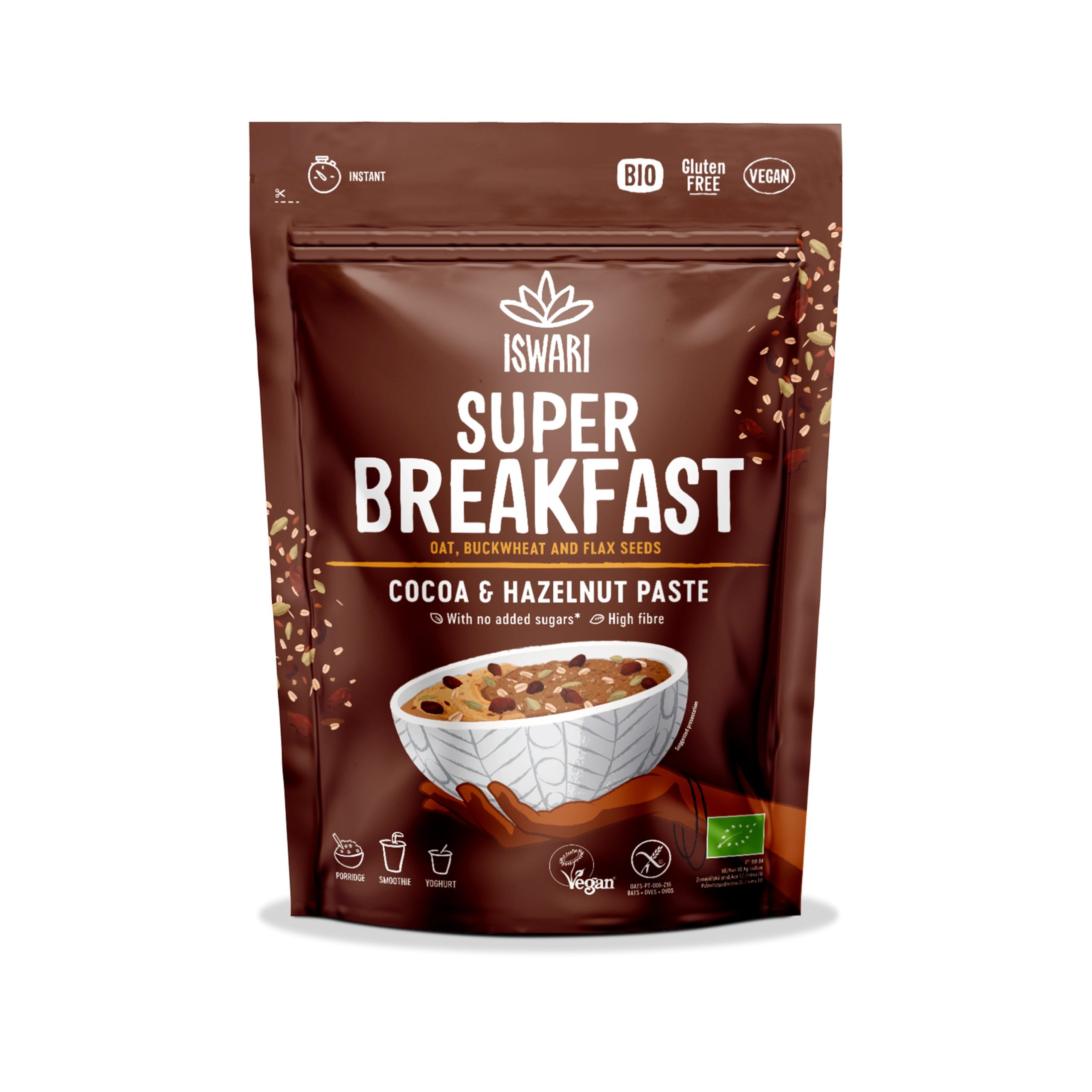 ISWARI Směs instantní Super Breakfast - kakao a lískooříšková pasta BIO (360 g) - hotovo za minutku Iswari