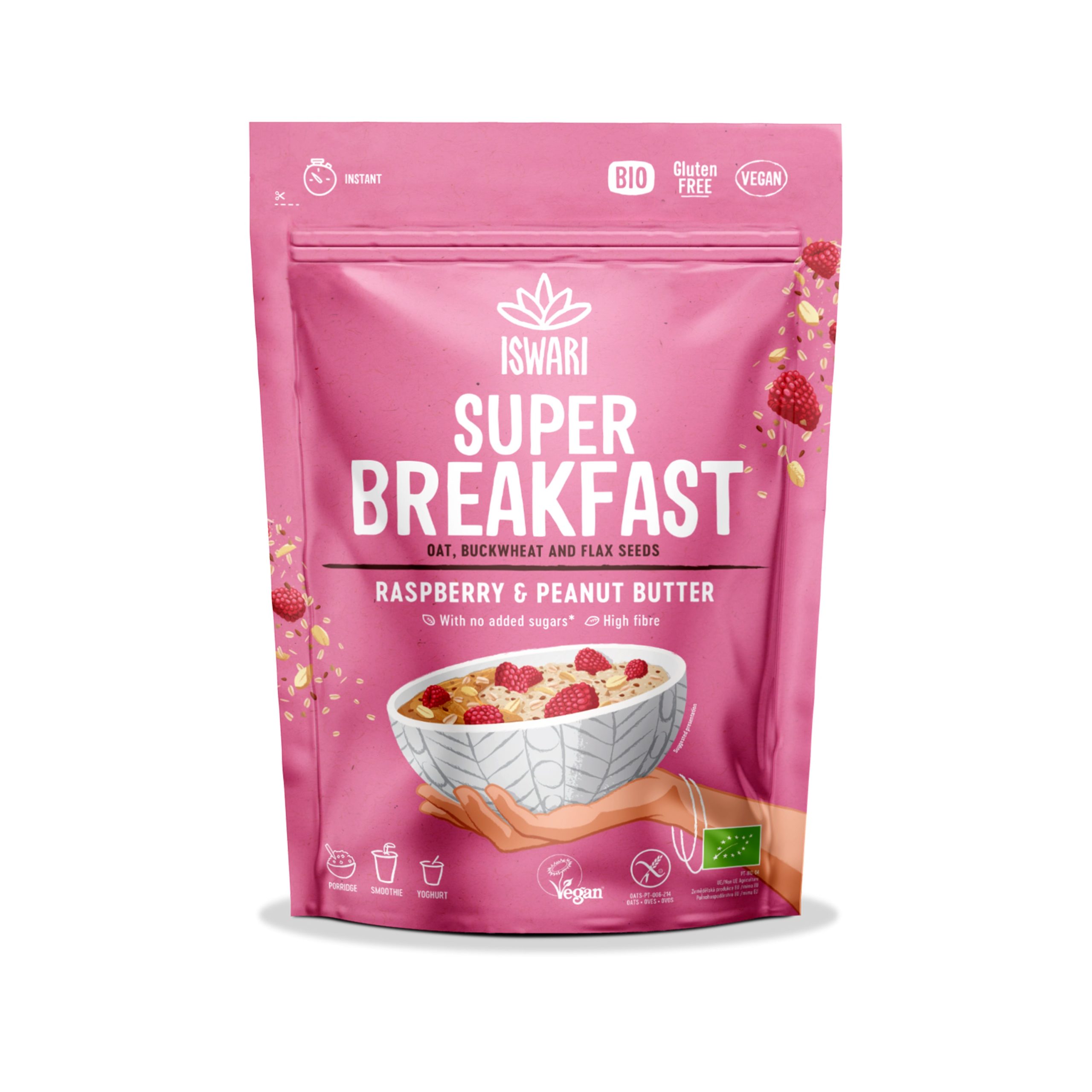 ISWARI Směs instantní Super Breakfast - malina a arašídové máslo BIO (360 g) - vysoký podíl bílkovin Iswari
