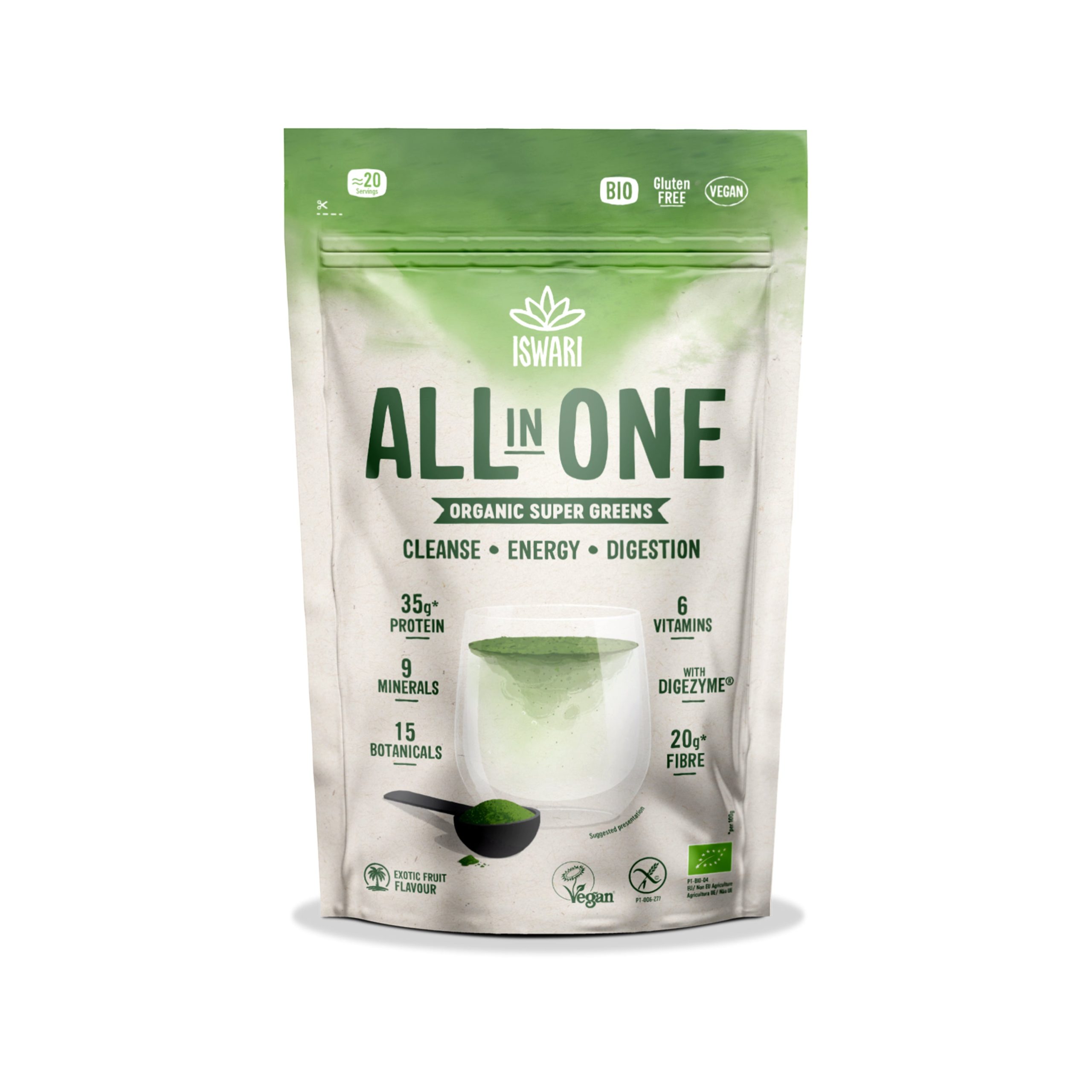 ISWARI Super greens s příchutí exotického ovoce BIO (200 g) - podpora vitality a trávení Iswari