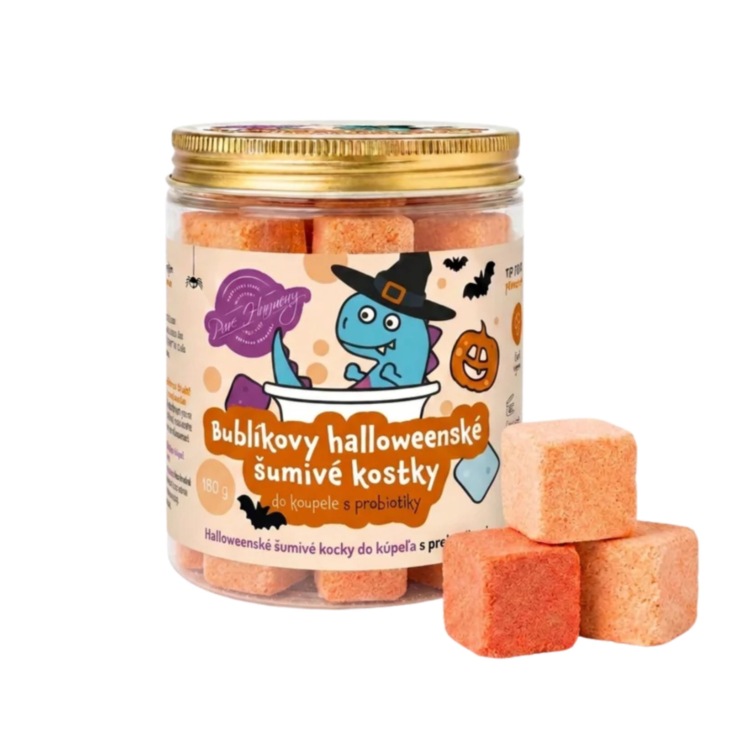 Pure Harmony Bublíkovy halloweenské šumivé kostky do koupele s probiotiky (180 g) - pro zábavné podzimní koupání Pure Harmony