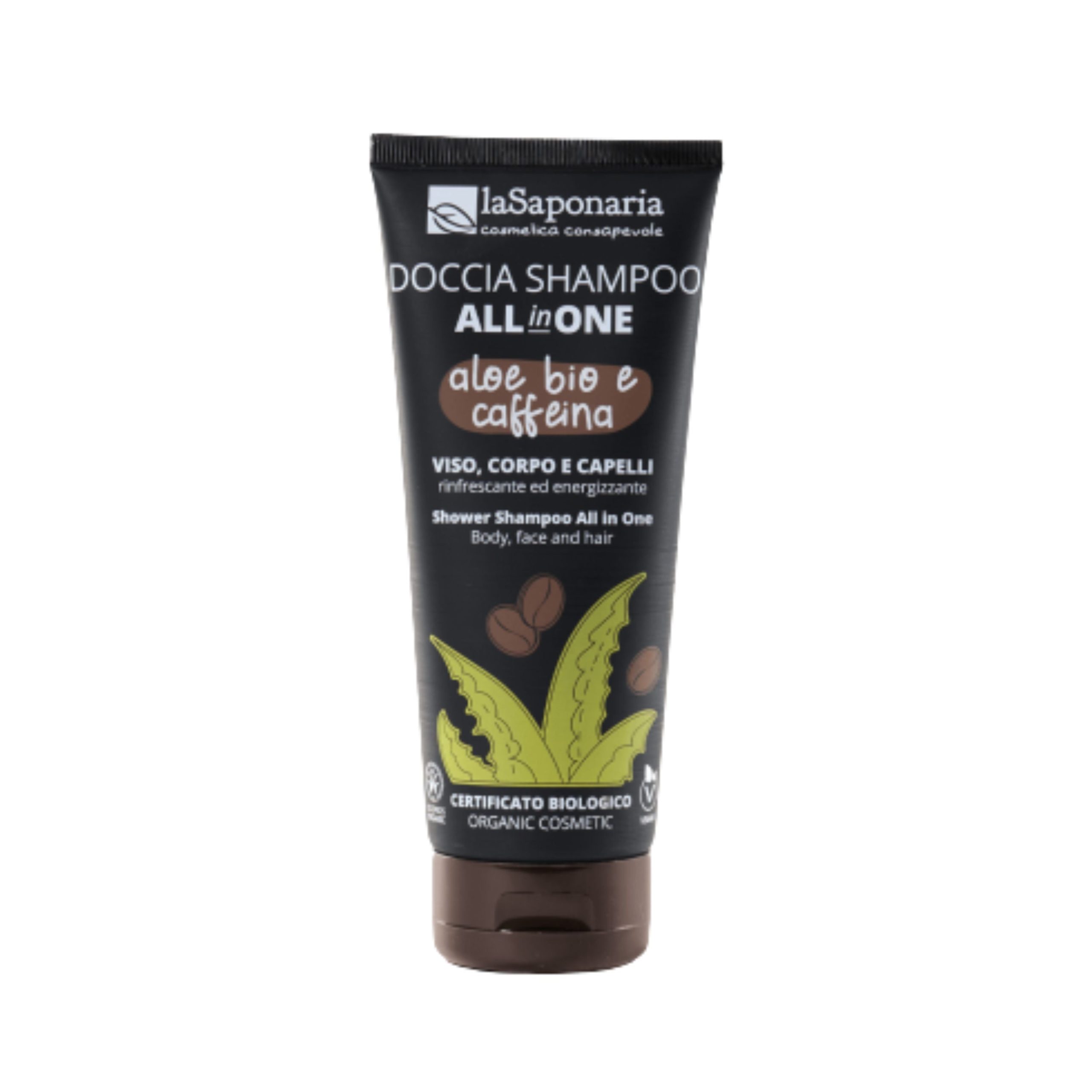 laSaponaria Pánský sprchový gel a šampon 3v1 s aloe vera a kofeinem BIO (200 ml) - praktický pomocník se svěží vůní laSaponaria