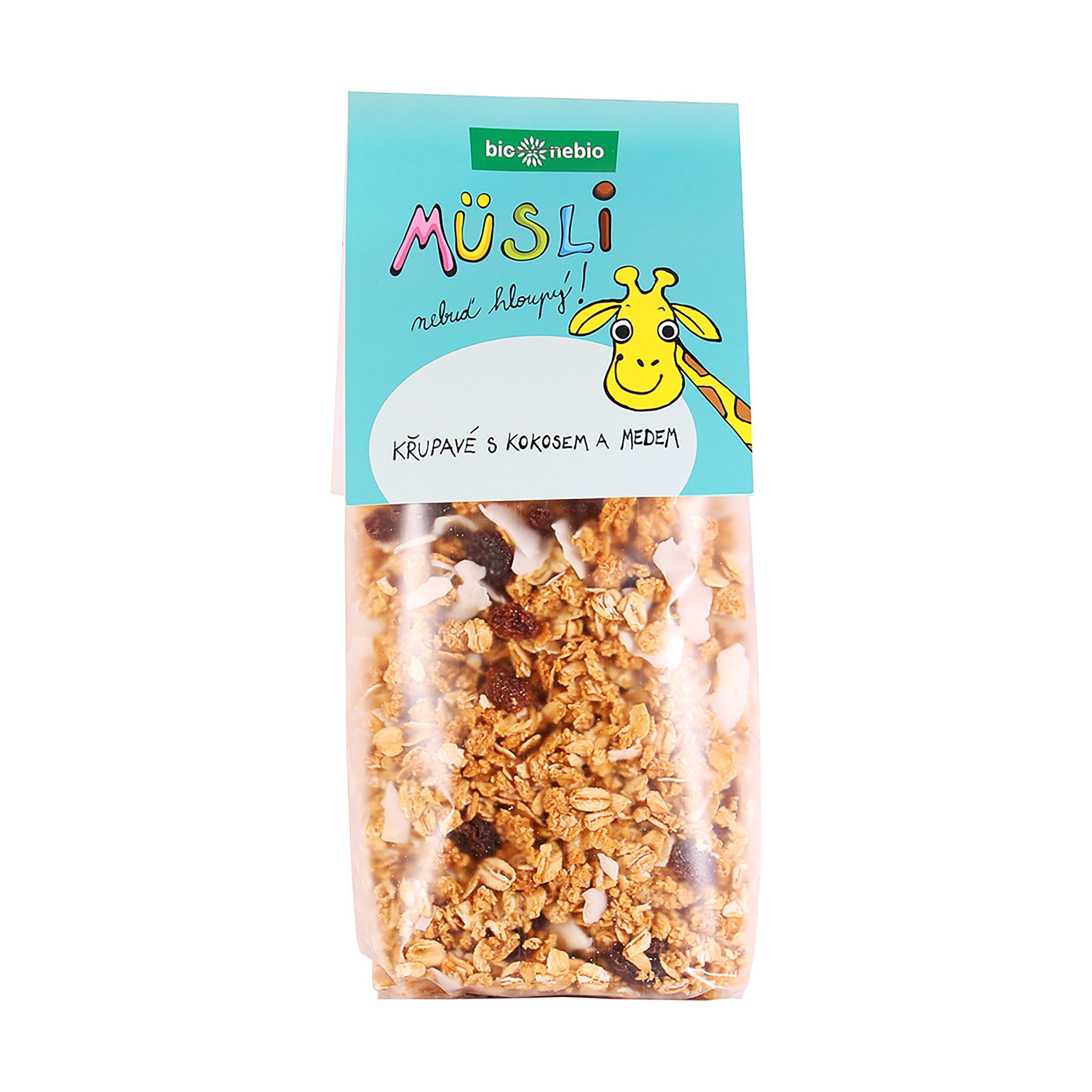 Bio nebio Müsli Nebuď hloupý! Křupavé s kokosem a medem BIO (300 g) - špičkový výběr s plátky kokosu a rozinkami Bio nebio