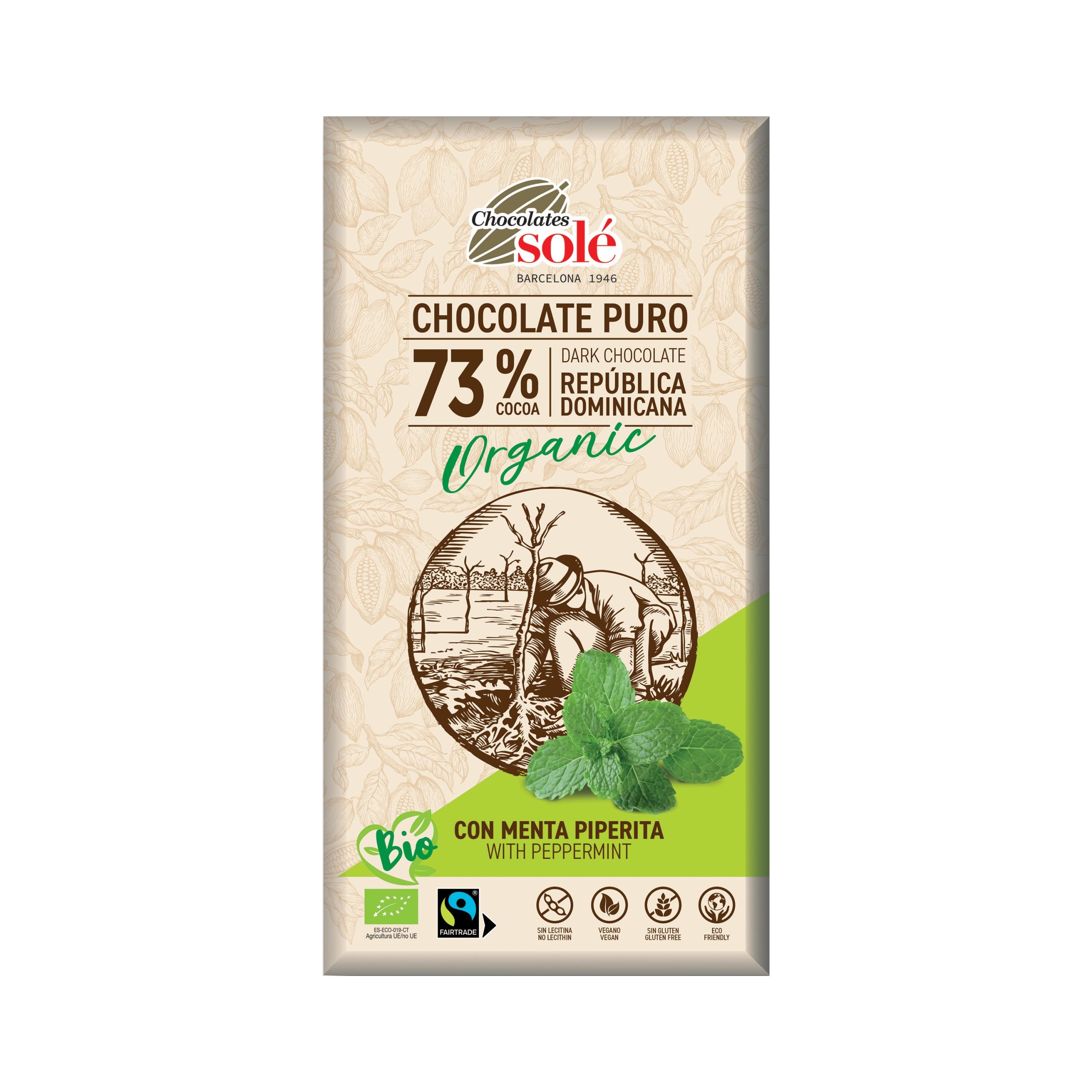 Čokoláda hořká s mátou 100 g BIO   SOLÉ - ochlazující máta peprná a 73 % kakaa SOLÉ