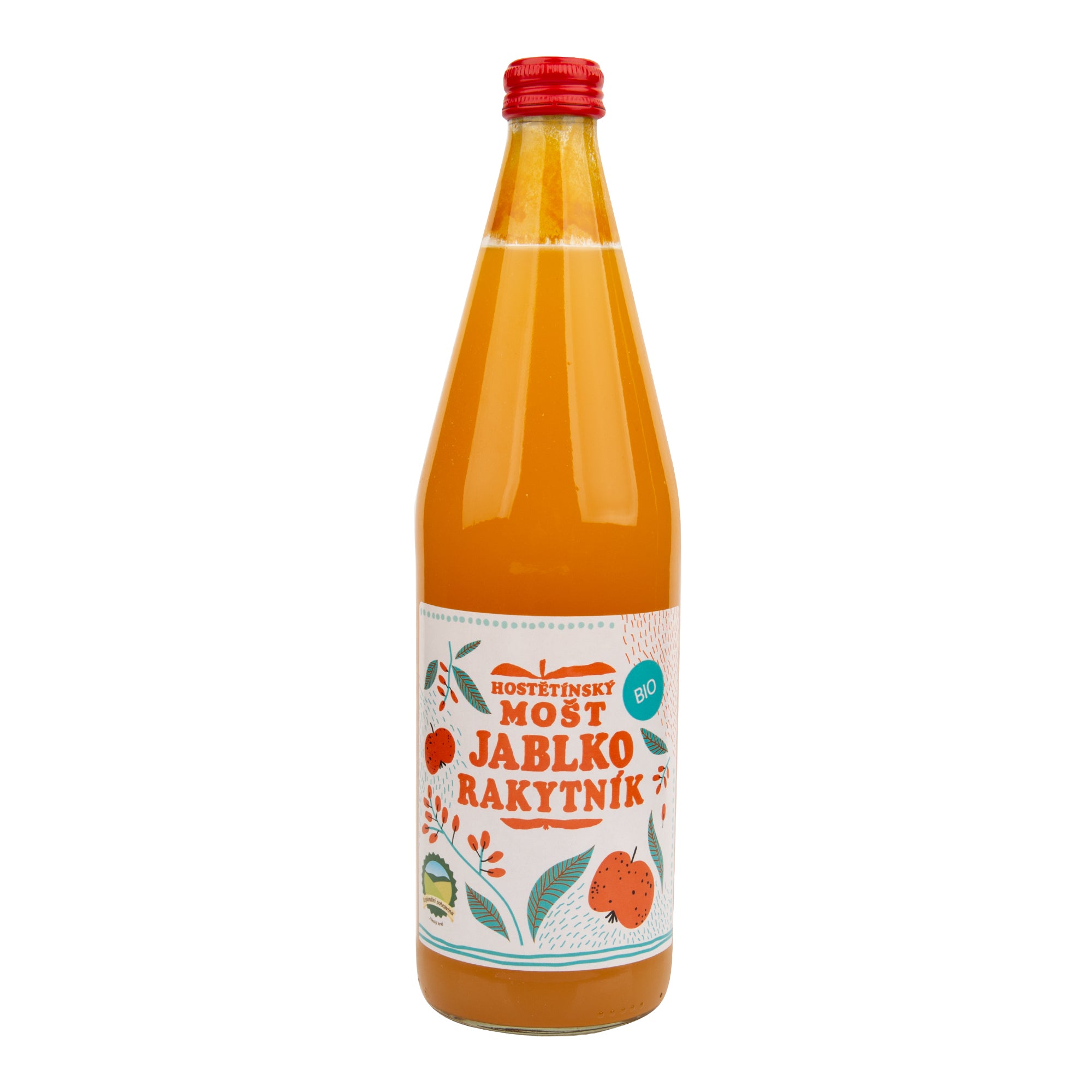 Mošt jablečný s rakytníkem 750 ml BIO   MOŠTÁRNA HOSTĚTÍN - jablka se sladkokyselým rakytníkem Moštárna Hostětín