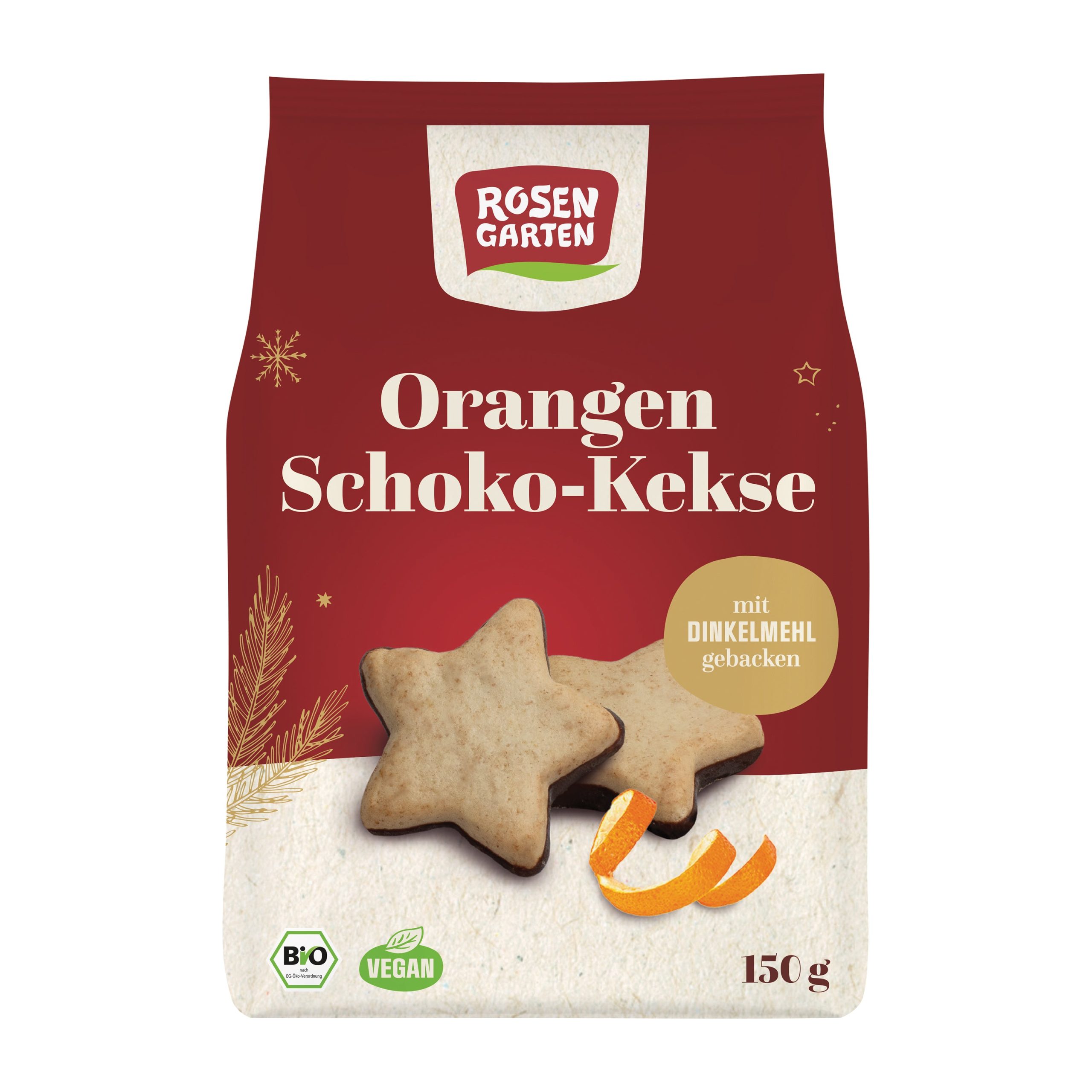 Sušenky pomerančové s hořkou čokoládou 150 g BIO   ROSENGARTEN - špaldové hvězdičky s pomerančovou pastou Rosengarten