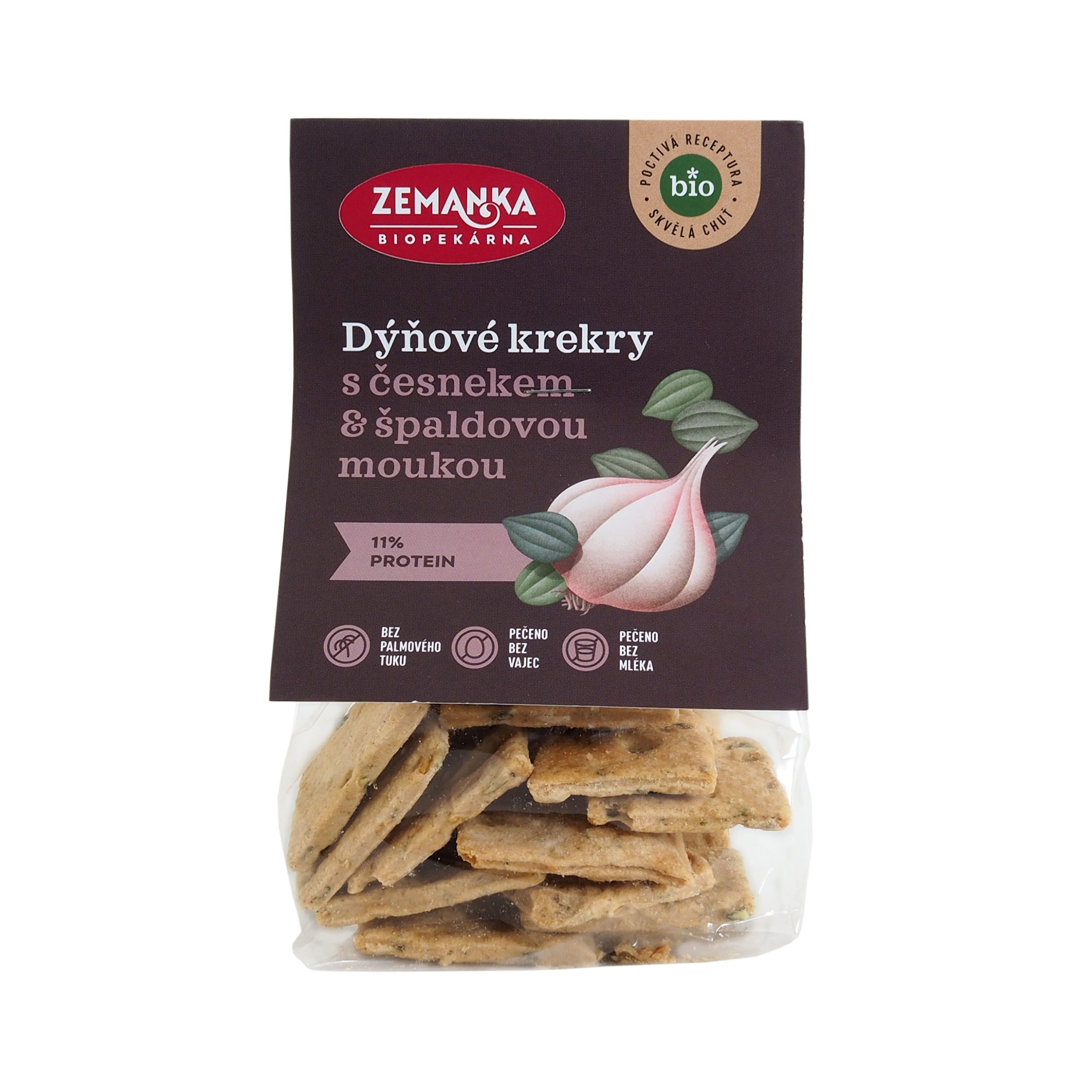 Zemanka Špaldové krekry s dýňovým semínkem a česnekem BIO (100 g) - slané veganské mlsání s 11 % bílkovin Biopekárna Zemanka